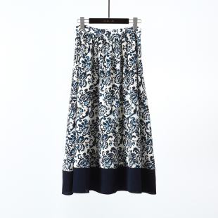 双层桑蚕丝半身裙 重磅真丝双绉印花高腰大摆长裙