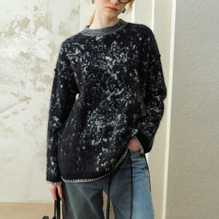 双面拉毛 晕染羊毛羊绒拉绒圆领宽松套头针织针织衫 休闲大毛衣