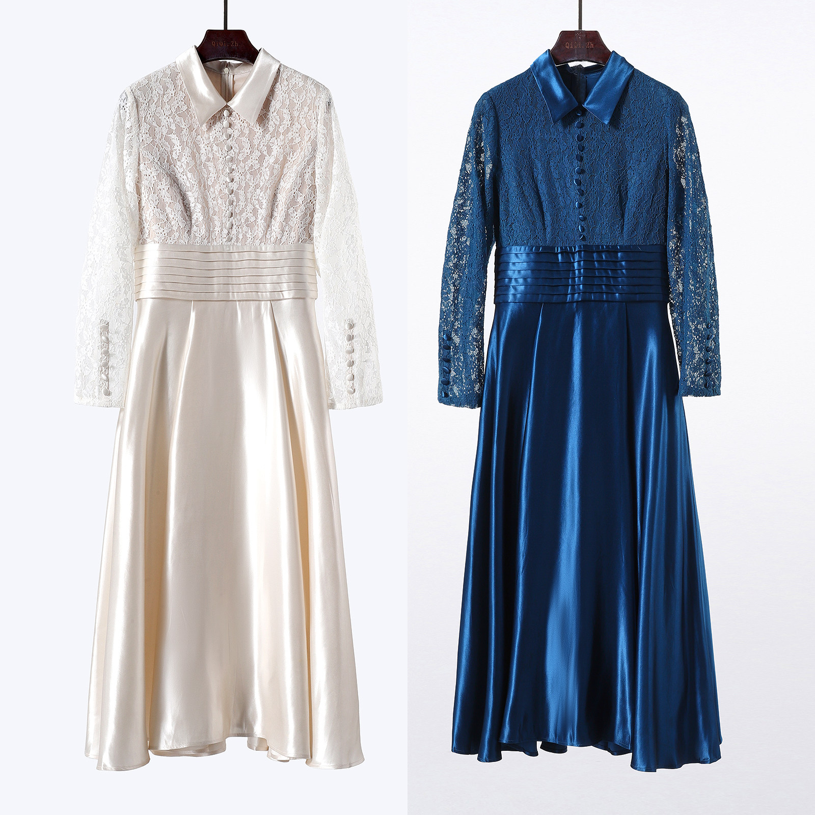 醇厚重磅双层真丝大摆连衣裙 重磅桑蚕丝拼蕾丝显瘦气质优雅长裙