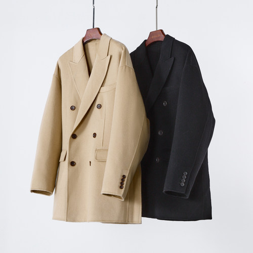 双面羊绒大衣女双排扣西装领