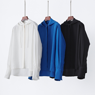 W单 重磅真丝塔夫绸连帽桑蚕丝长袖休闲宽松衬衫上衣 女士外套