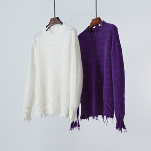 质感街头 圆领针织套头休闲宽松毛衣 复古撕裂毛边重磅羊绒衫