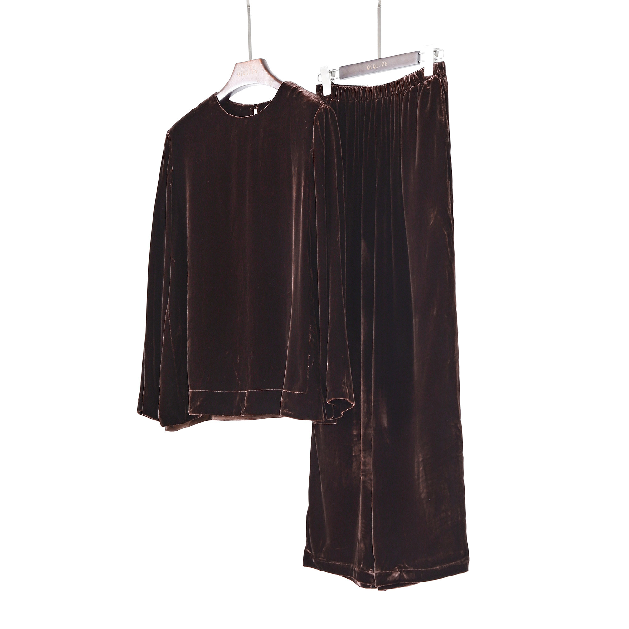 早春新款 重磅真丝丝绒长袖宽松圆领上衣 松紧腰休闲长裤 套装