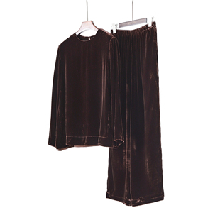 套装 早春新款 松紧腰休闲长裤 宽松圆领上衣 重磅真丝丝绒长袖