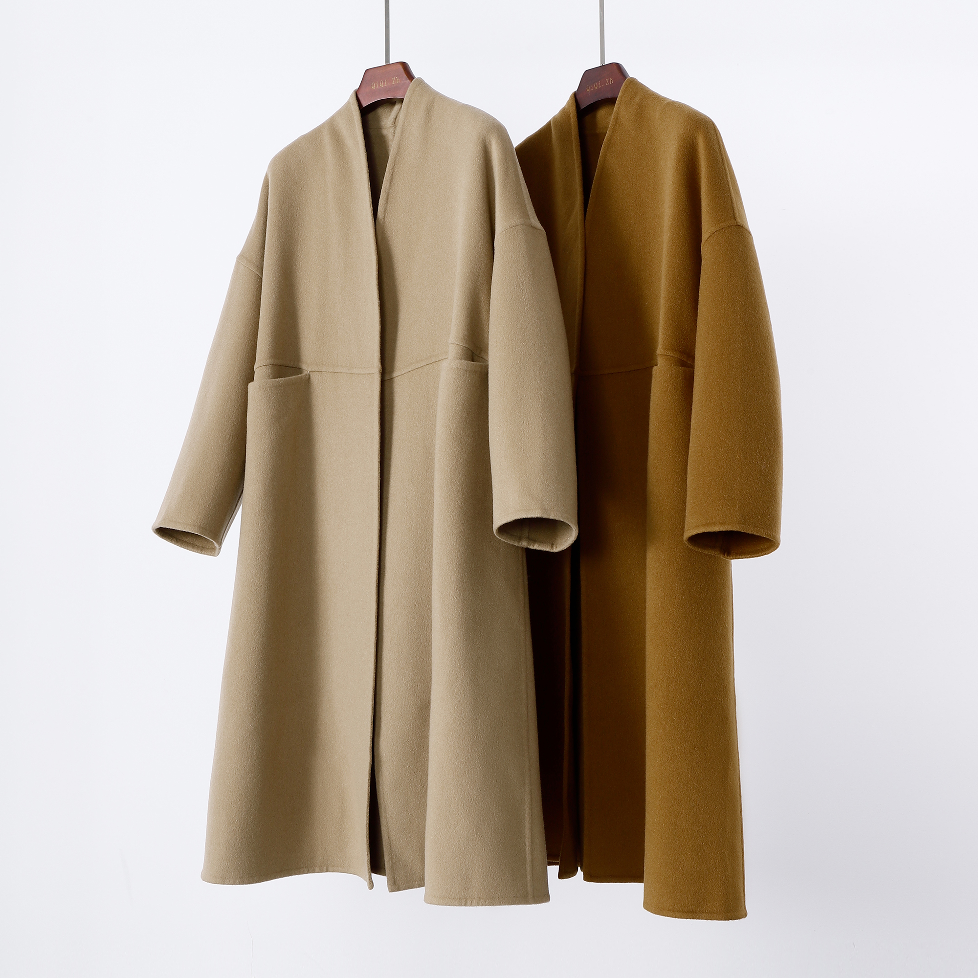 双面手缝羊绒大衣女长款廓形宽松