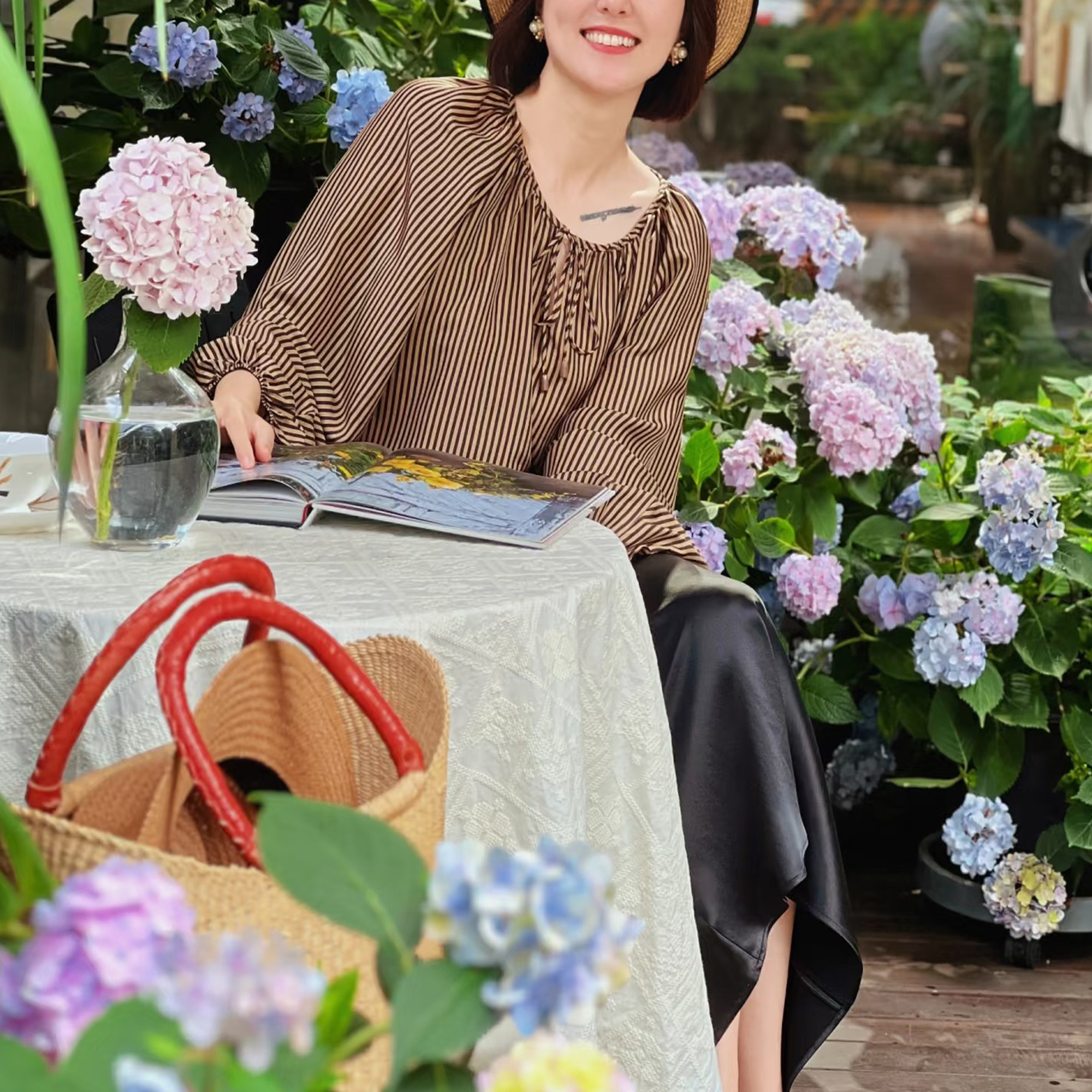 轻如无物 真丝电力纺灯笼袖系带一字领桑蚕丝衬衫宽松防晒罩衫