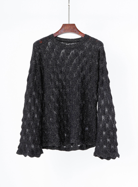 特 黑色镂空银丝羊绒隐闪圆领长喇叭袖针织罩衫 休闲薄毛衣