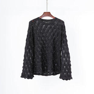 休闲薄毛衣 针织罩衫 特 黑色镂空银丝羊绒隐闪圆领长喇叭袖