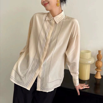 手车明线 重磅真丝双绉气质通勤桑蚕丝长袖衬衫 上衣女