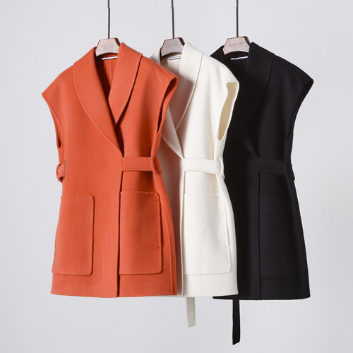 名媛气质 羊绒羊毛手缝双面尼中长款无袖马甲短大衣 手工外套