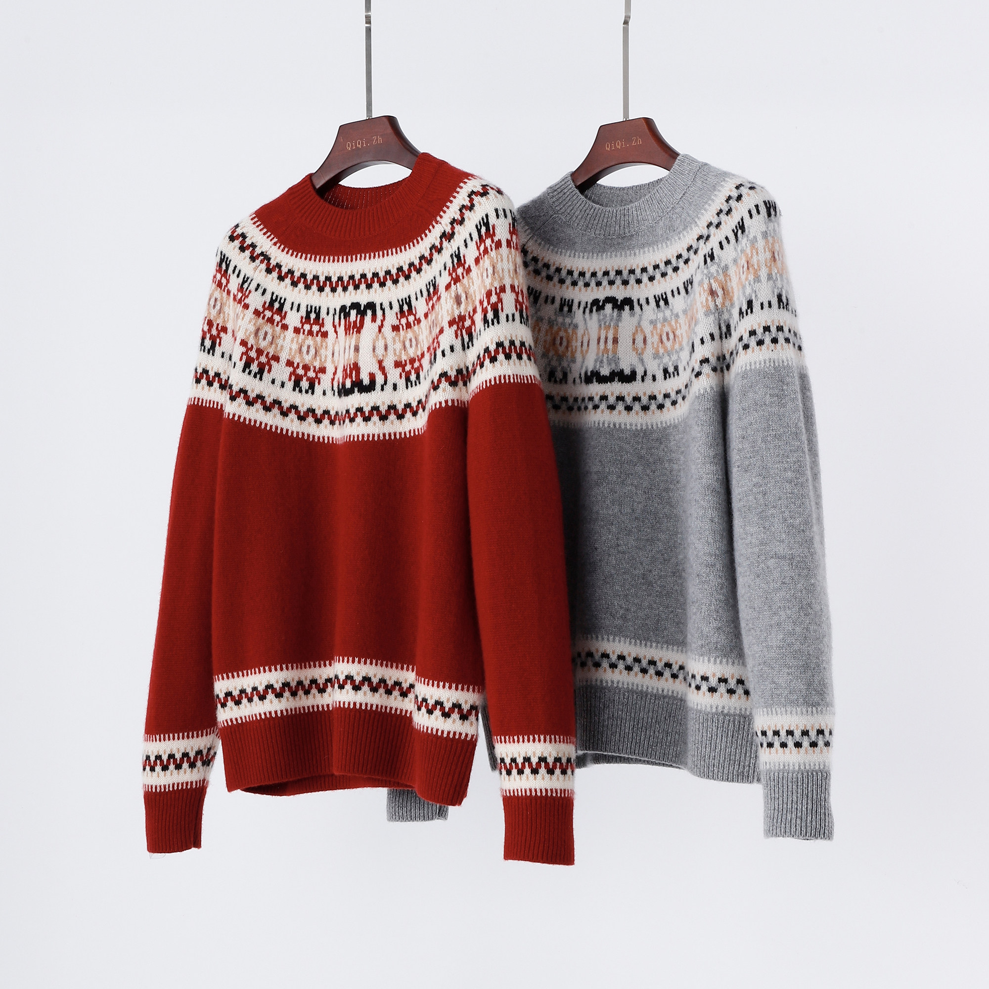 复古氛围感 加厚山羊绒费尔岛提花 圆领宽松休闲毛衣羊绒衫,女装/女士精品,羊绒衫,淘宝优惠券,粉丝福利购,淘宝优惠卷