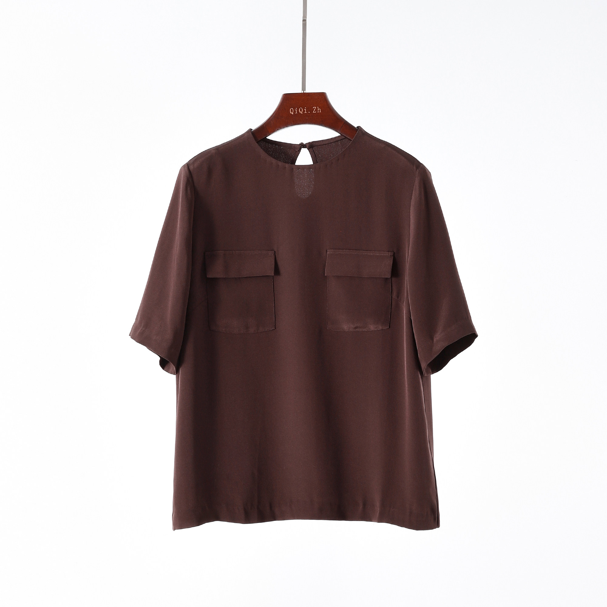 醇厚重磅 手工挑边 纯色真丝重绉口袋圆领短袖宽松百搭桑蚕丝上衣