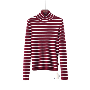 极细美莉诺羊毛 酒红色条纹针织衫女半高领长袖修身毛衣打底衫
