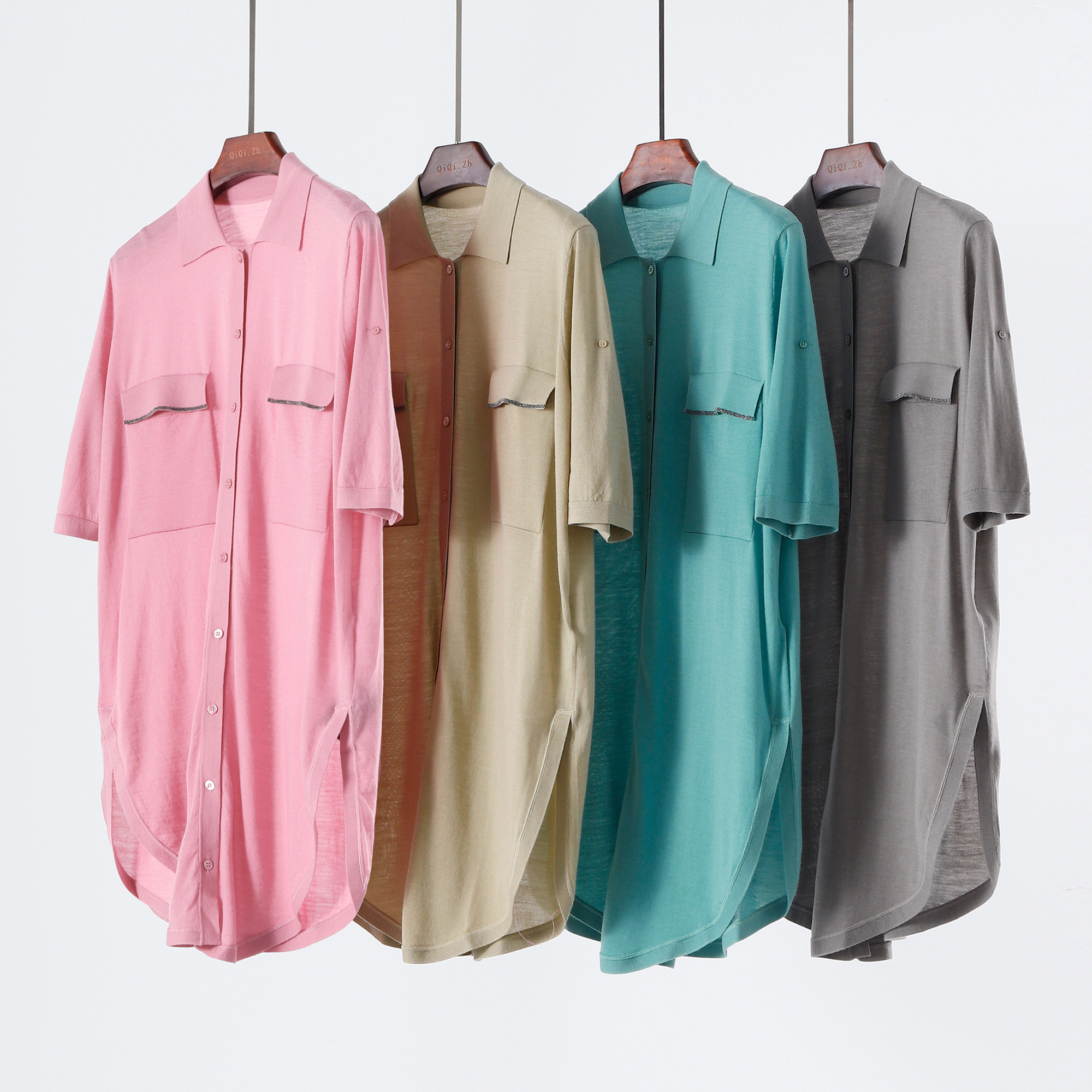 美丽诺羊毛简约翻领短袖衬衫裙女多口袋宽松休闲连衣裙质感衬衫