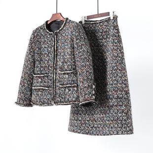 矜奢手工坊名品粗花呢套装 小香风外套 高腰A字半身裙 真丝缎内里