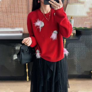 女立体水母圆领套头毛衣宽松慵懒风针织衫 新年红 康赛妮山羊绒衫