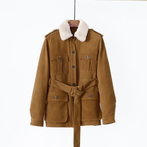 复古翻领头层真皮鹅绒短款羽绒服