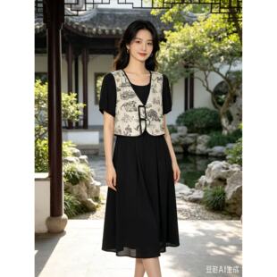 3705 夏季新款新中式水墨画盘扣马甲假两件连衣裙