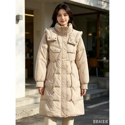 D150 冬季新款时尚休闲连帽抽绳收腰中长款保暖羽绒服