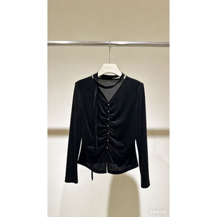 高级复古飘带丝绒褶皱打底单穿小衫 法式 MAN 春秋款 S537