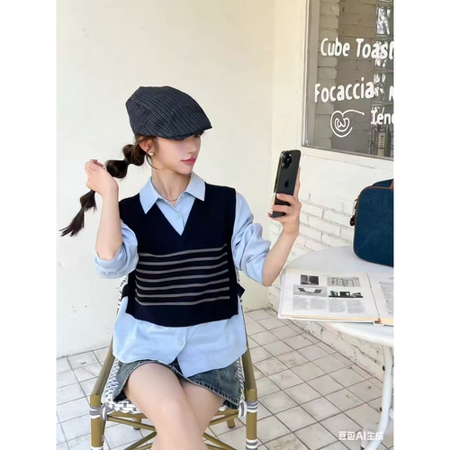 X215 春秋款时尚休闲高级显瘦百搭拼接假两件衬衫