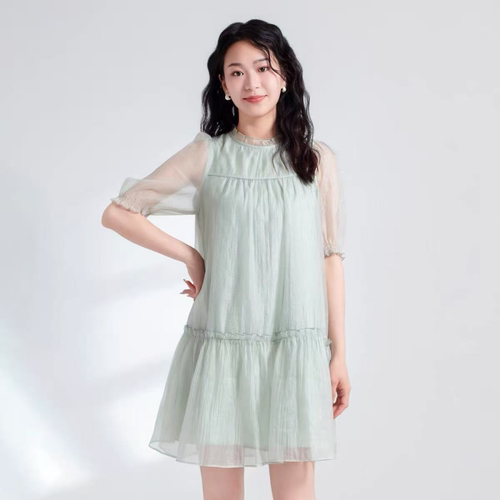 L455 夏新款轻薄透气宽松减龄娃娃领甜美气质短袖连衣裙JR