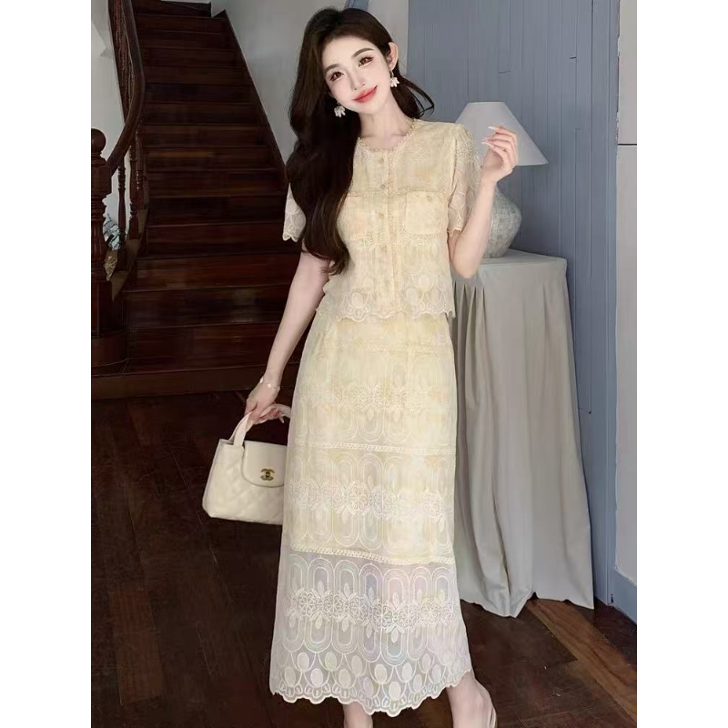 T162 春夏款时尚小香风高级感名媛风短袖半身裙两件套套装JR