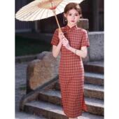 短袖 文艺复古风显瘦格子中长款 旗袍裙JT 春夏新款 L166