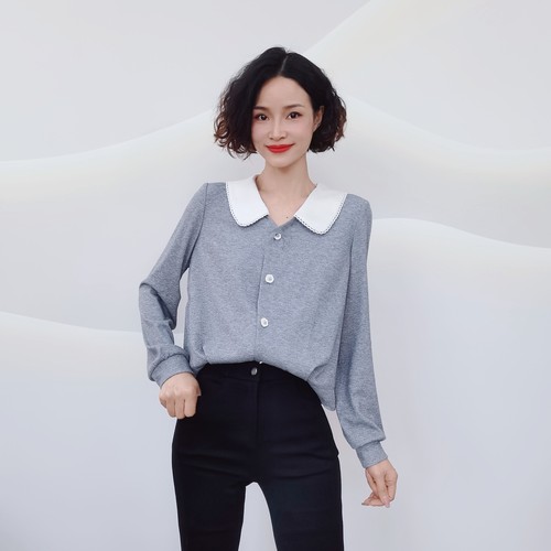 1582 春季新款娃娃领减龄花边针织小衫HX