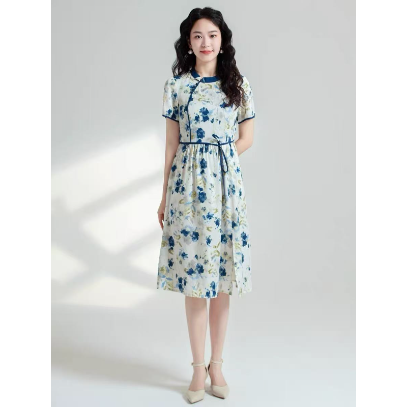 X652 夏季新款时尚气质收腰显瘦印花改良旗袍连衣裙
