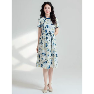 时尚 新款 气质收腰显瘦印花改良旗袍连衣裙 夏季 X652