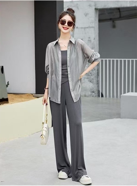 1447 [微瑕]韩系休闲防晒衬衫吊带小背心直筒阔腿裤三件套装JR