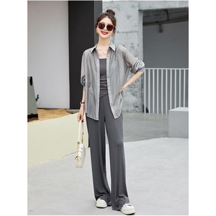 吊带小背心直筒阔腿裤 1447 微瑕 韩系休闲防晒衬衫 三件套装