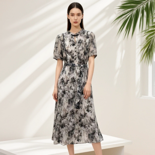印花系带收腰优雅中长款 时尚 连衣裙 夏季 L632