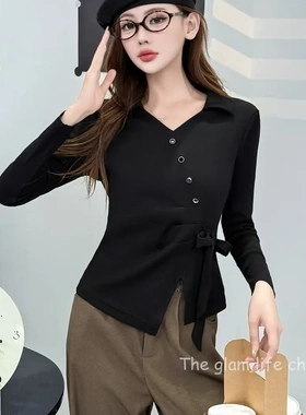 5825 春季新款收腰显瘦系带设计感百搭针织上衣