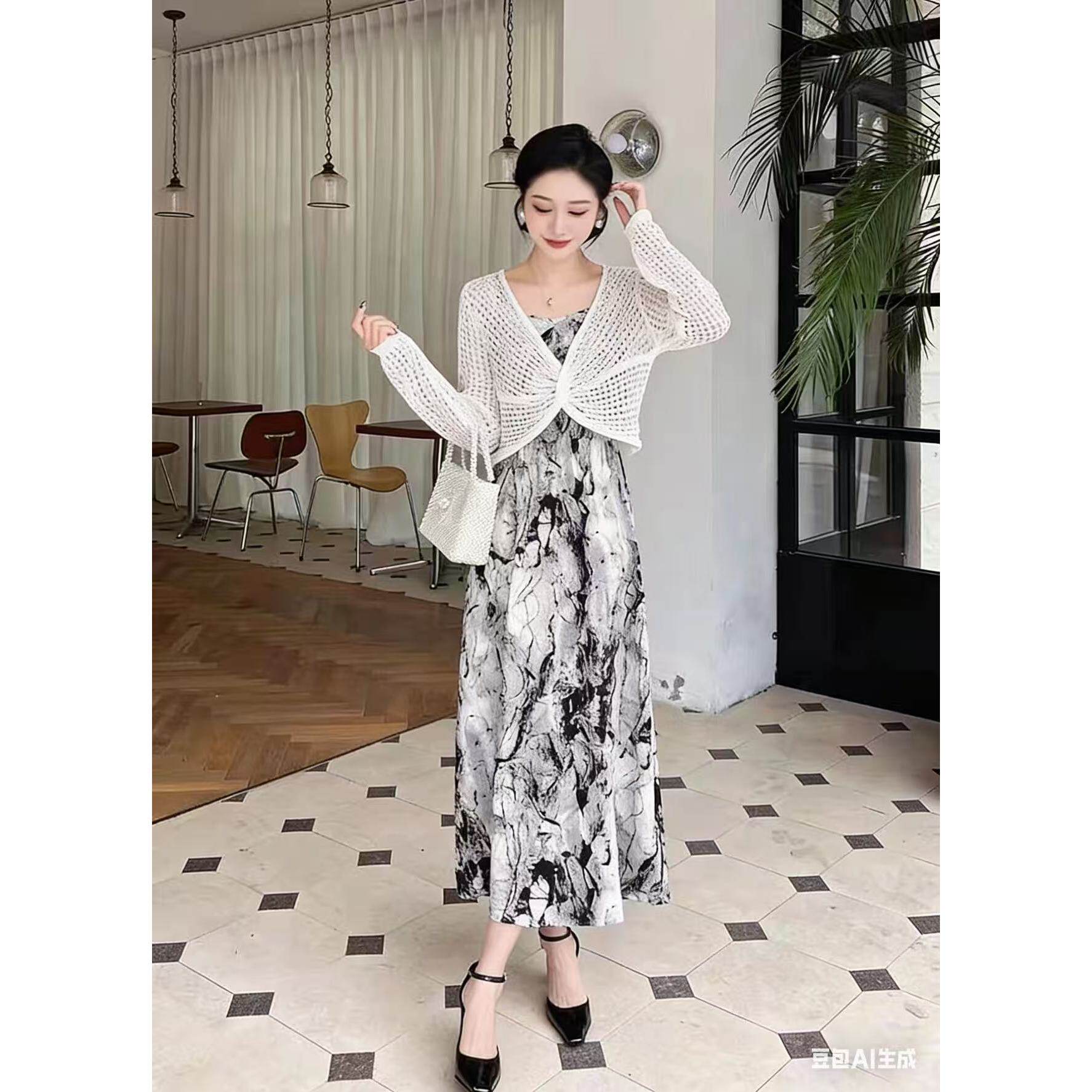 Q203 春款时尚水墨印花吊带长裙外搭镂空罩衫两件套套裙