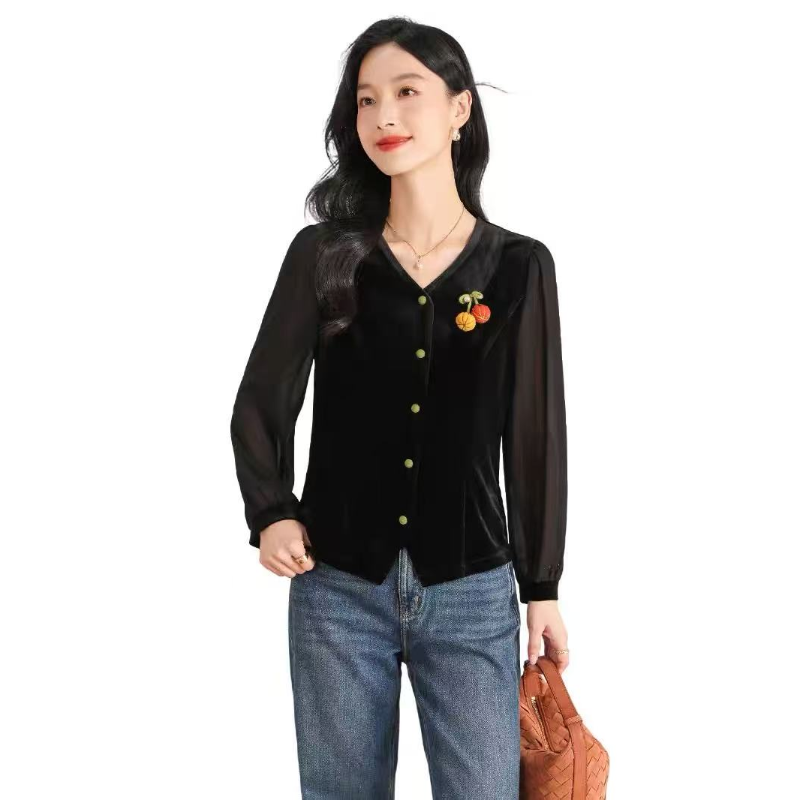 5812 春秋季品新时尚气质南瓜装饰金丝绒长袖小衫
