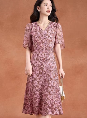 L631 夏季新款时尚设计V领印花短袖单层长款连衣裙 JR