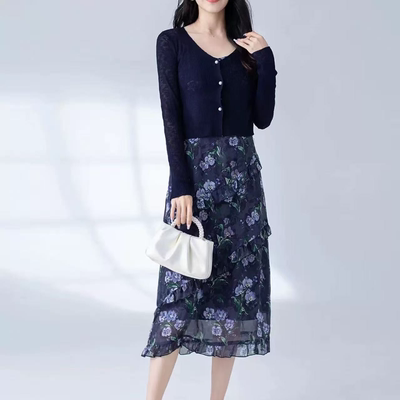 T511 春季新品时尚气质针织小外披+修身印花吊带裙两件套套裙