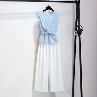 T106 夏季新款时尚休闲洋气无袖上衣背心配阔腿裤两件套套裤JR