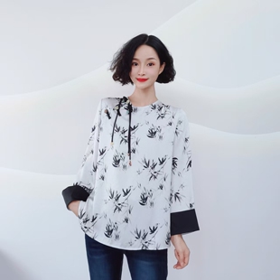3503 春秋款东方雅韵水墨竹叶印花新中式流苏盘扣撞色袖口小衫