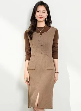 L960 秋冬款韩版气质拼接收腰时尚假两件连衣裙