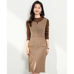 L960 秋冬款韩版气质拼接收腰时尚假两件连衣裙