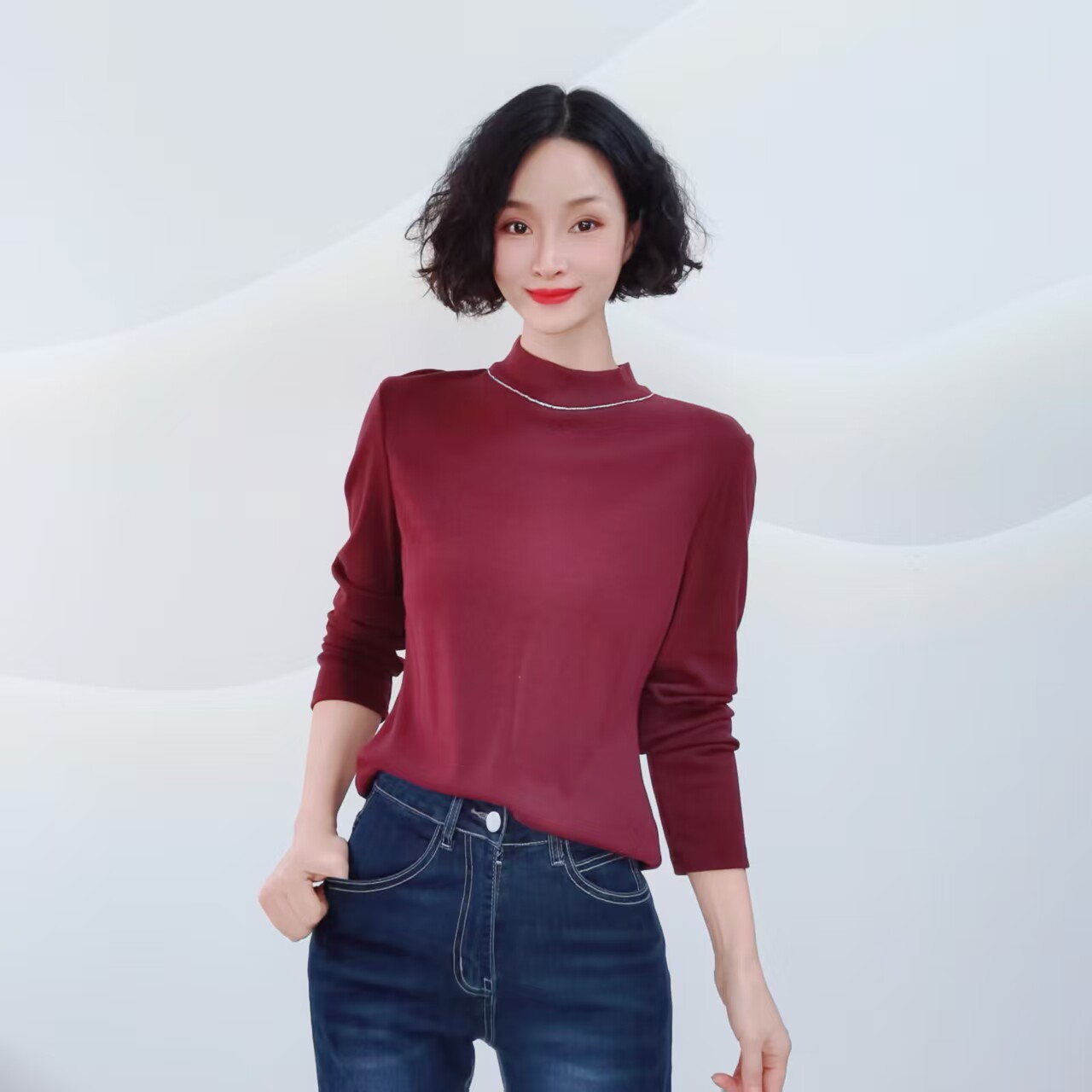 S368 秋冬款时尚洋气半高领钉钻百搭显瘦打底小衫