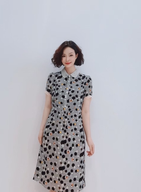 B245 时尚减龄娃娃领波点印花宽松显瘦洋气中长款连衣裙E1