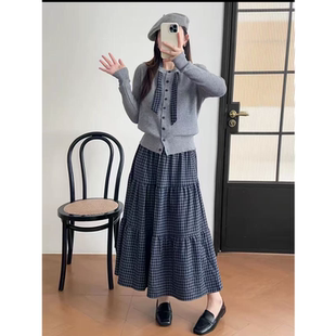 X655 春秋季针织开衫配领巾格子高腰半裙两件套套裙MAN