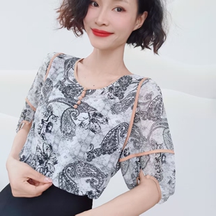 清凉舒适显瘦洋气女士复古百搭宽松小衫 2051 圆领印花薄款