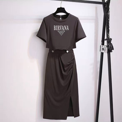 8360 夏季新款时尚休闲短袖不规则开叉半身裙两件套裙JR