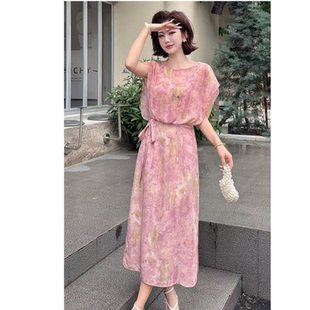 6853 夏季新款时尚洋气法式浪漫印花系带收腰显瘦气质长款连衣裙