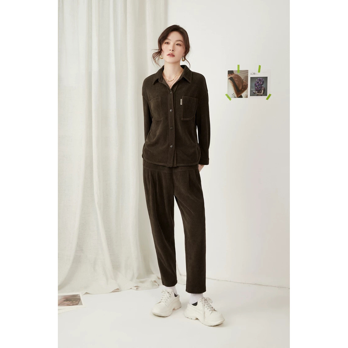 T635 春秋款时尚复古法兰绒气质灯芯绒裤子两件套套裤JR